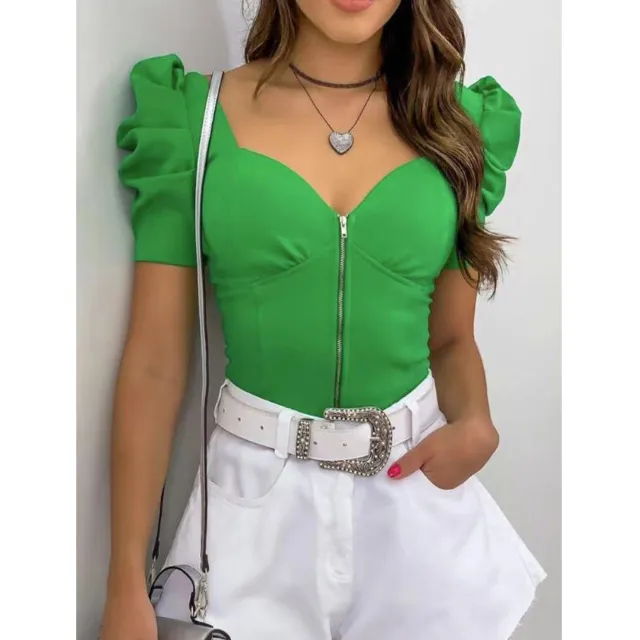 Hot Spring Sexy U Neck Fluffy Sleeve Front Zipper Women'S Blouse Green - Shop at LoveMi