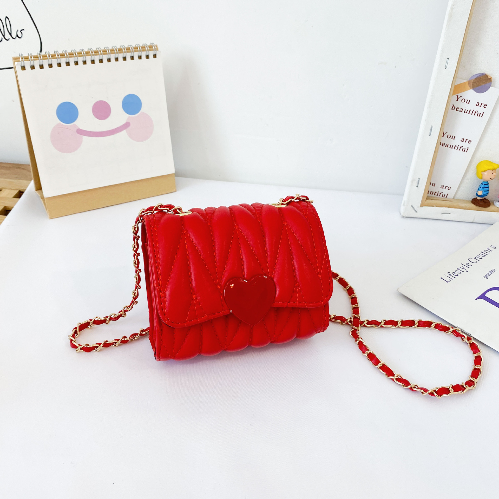 Children'S Heart-Shaped Embroidery Thread Parent-Child Mini One-Shoulder Messenger Small Square Bag