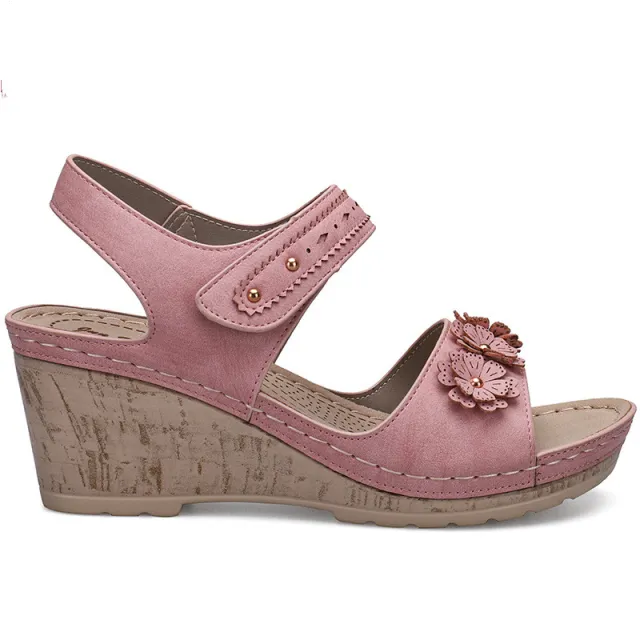 New Style Velcro Wedge Heel Casual Comfortable Sandals Women Pink - Shop at LoveMi