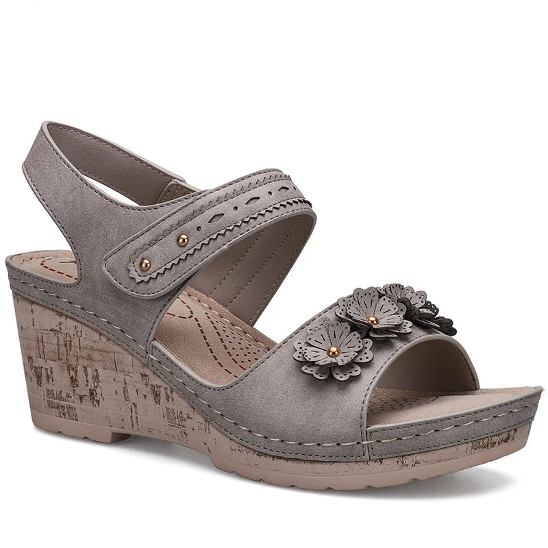 New Style Velcro Wedge Heel Casual Comfortable Sandals Women - Grey