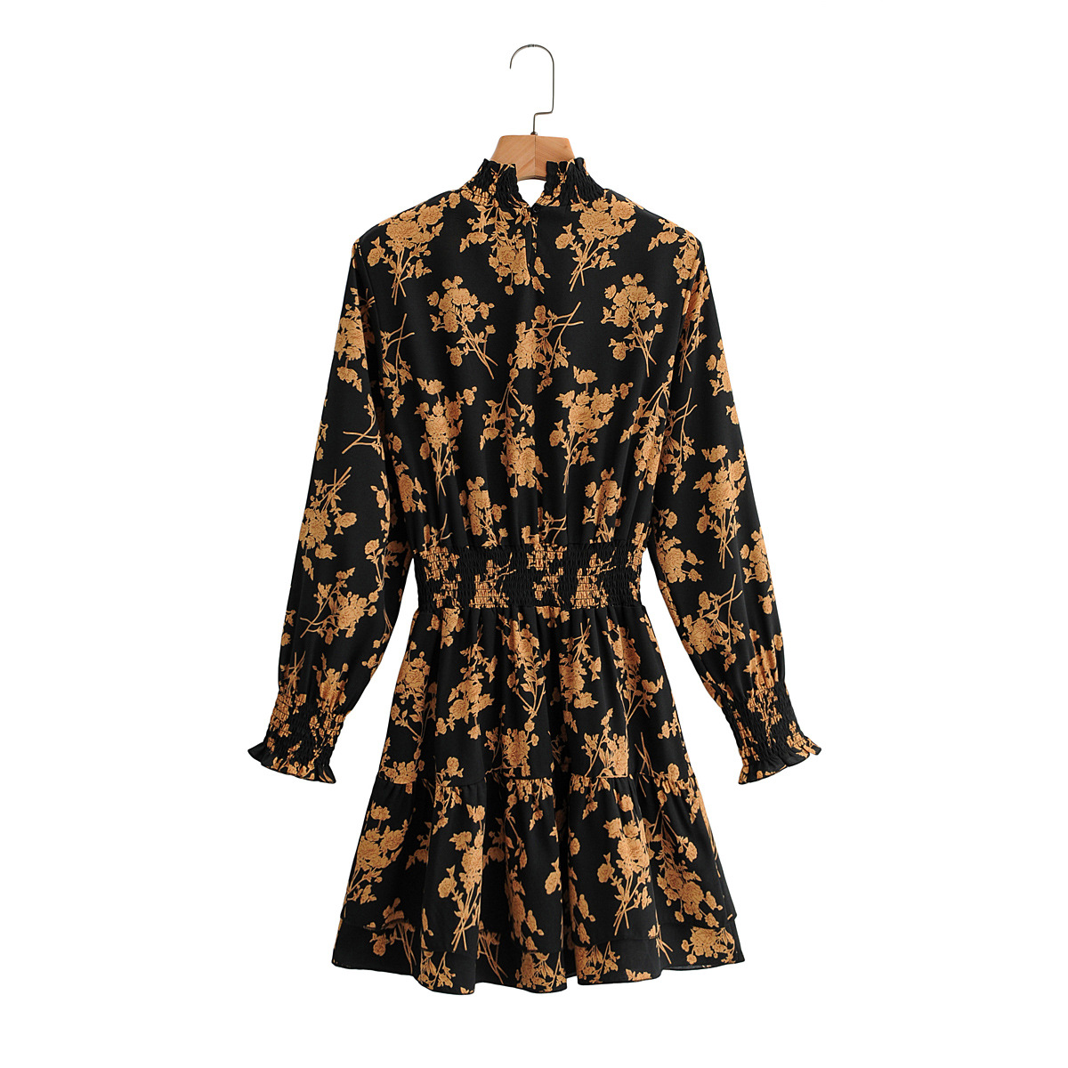 Spring Women'S Printed Stand-Up Collar Waist Slimming Long-Sleeved Layered Decorative Dress