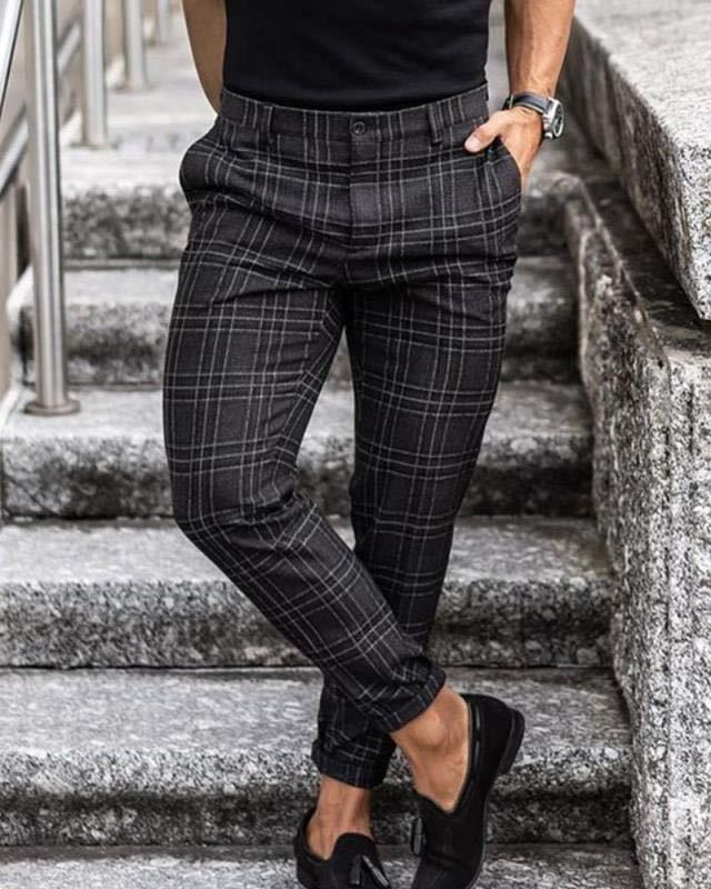Pantalone uomo stampa quadri casual largo e sottile - Foto 3 di 7