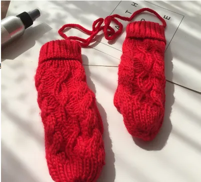 Korean Twist Double Thickening Fashion Hanging Neck Woolen Gloves Mittens Knitted Gloves Women Winter Korean Cute Red - Shop at LoveMi