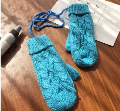 Korean Twist Double Thickening Fashion Hanging Neck Woolen Gloves Mittens Knitted Gloves Women Winter Korean Cute Light Blue - Shop at LoveMi