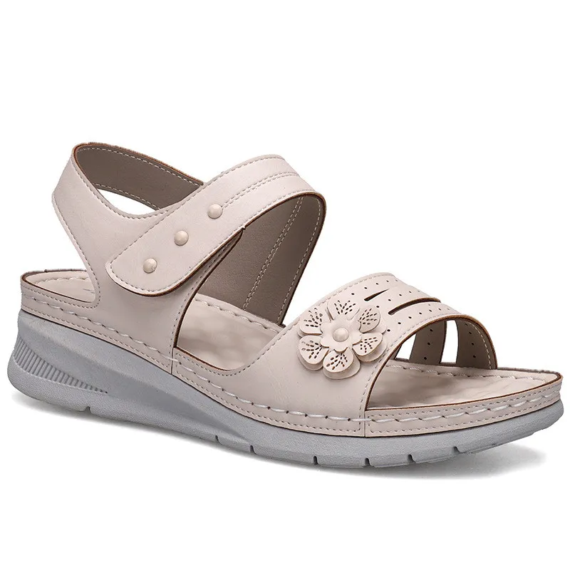 Casual And Comfortable Wedge With Flower Stitching Light Velcro Sandals Women - White
