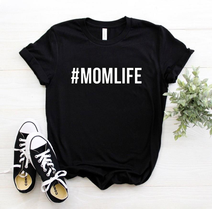 MOMLIFE Letter Print Loose Round Neck T-Shirt Short Sleeve