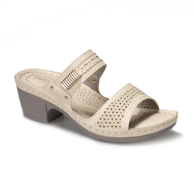 European And American Style Hollow Thick Heel Slippers Women Beige - Shop at LoveMi