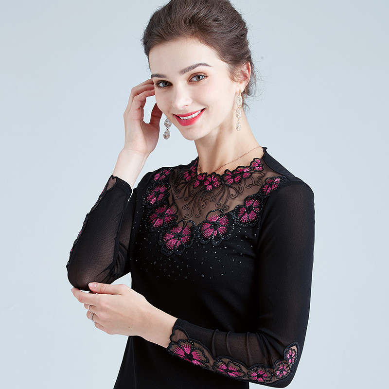 Western Style Embroidered Nail Drill Long-sleeved T-shirt Women's Bottoming Shirt