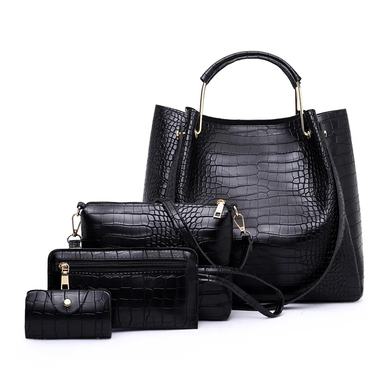 Picture-In-The-Mother Bag Four-Piece Pattern One-Shoulder Messenger Bag Handbag - Black