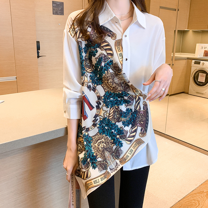Korean Retro Print Irregular Tailoring Stitching Long-Sleeved Shirt Top Women'S Clothing