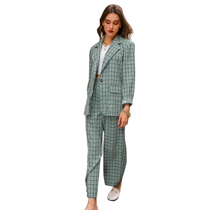 Autumn And Winter Fashion Women'S Casual Commuter Plaid Elegant Temperament Professional Style Street Two-Piece Suit Green