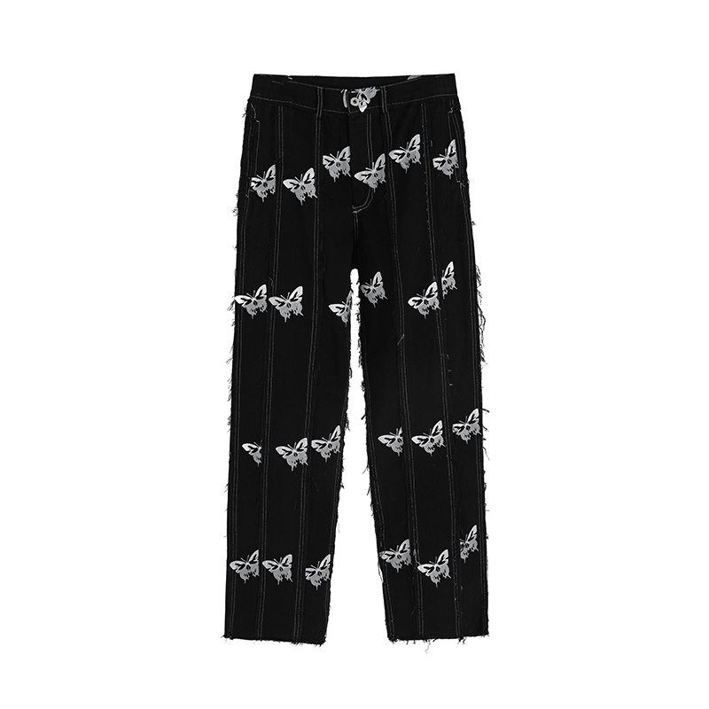 Niche Personality Butterfly Reflective Printing Stitching Tassel Harajuku Hip-Hop Street Straight Jeans Dark Ins Tide