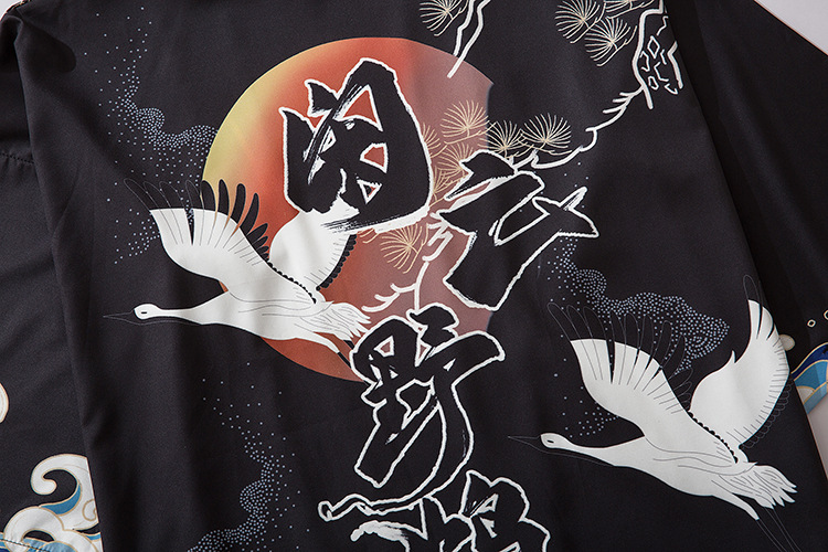  Flying Crane Print Tang Suit Three-quarter Sleeve Loose Unbuttoned Shirt