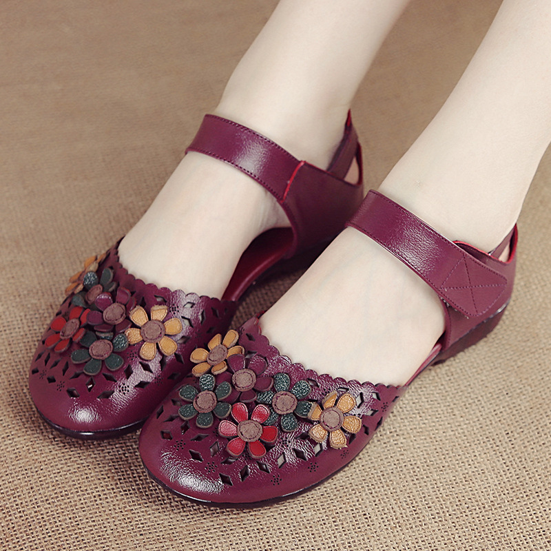 Ethnic Style Handmade Leather Soft Sole Flower Sandals