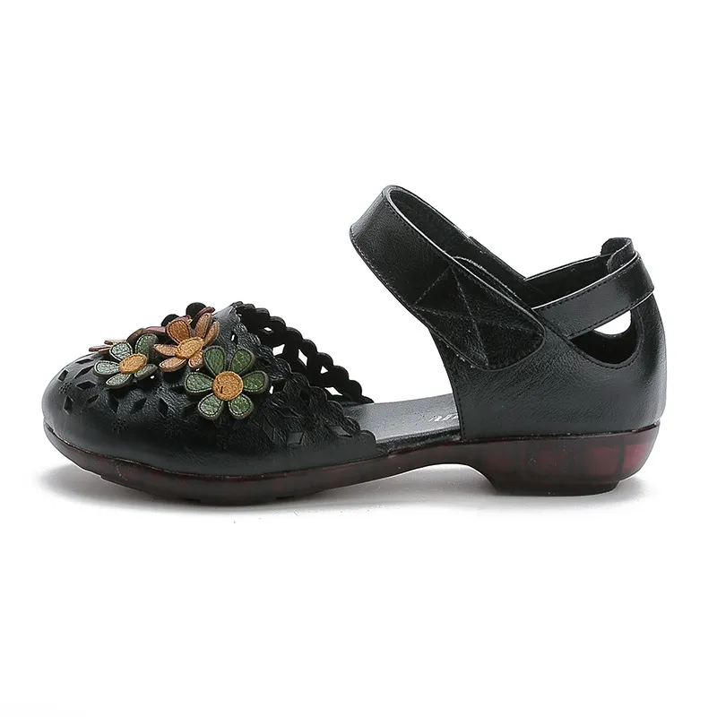 Ethnic Style Handmade Leather Soft Sole Flower Sandals - Black