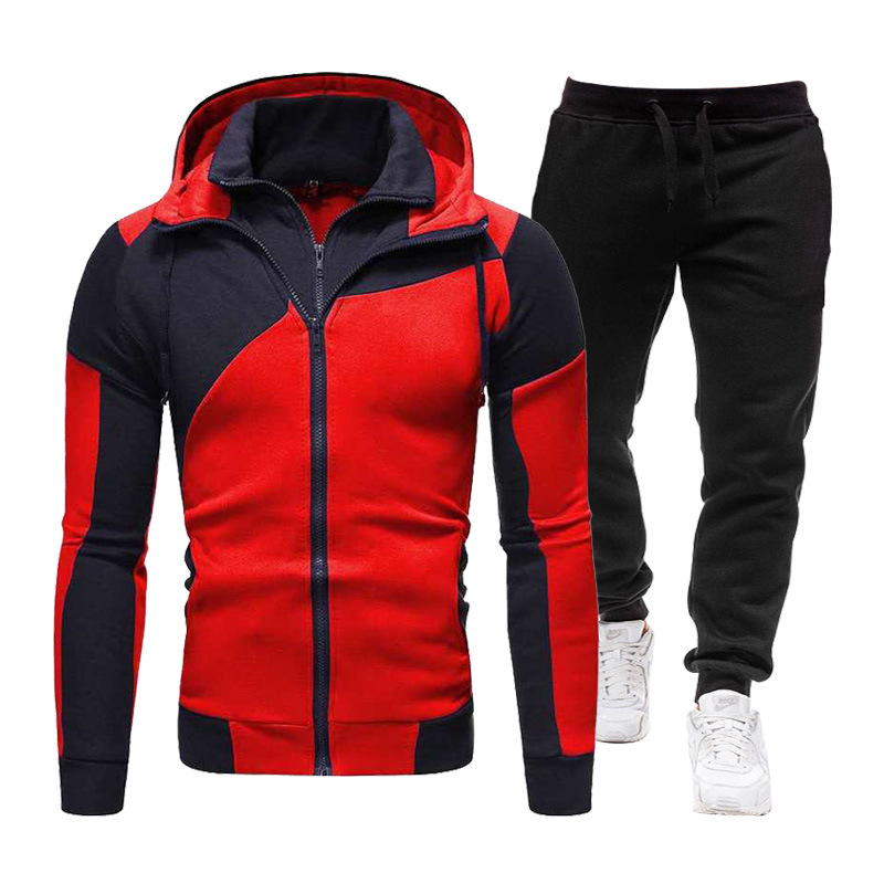 Sporty Patchwork Coat Long Sleeved Trousers Hooded Casual