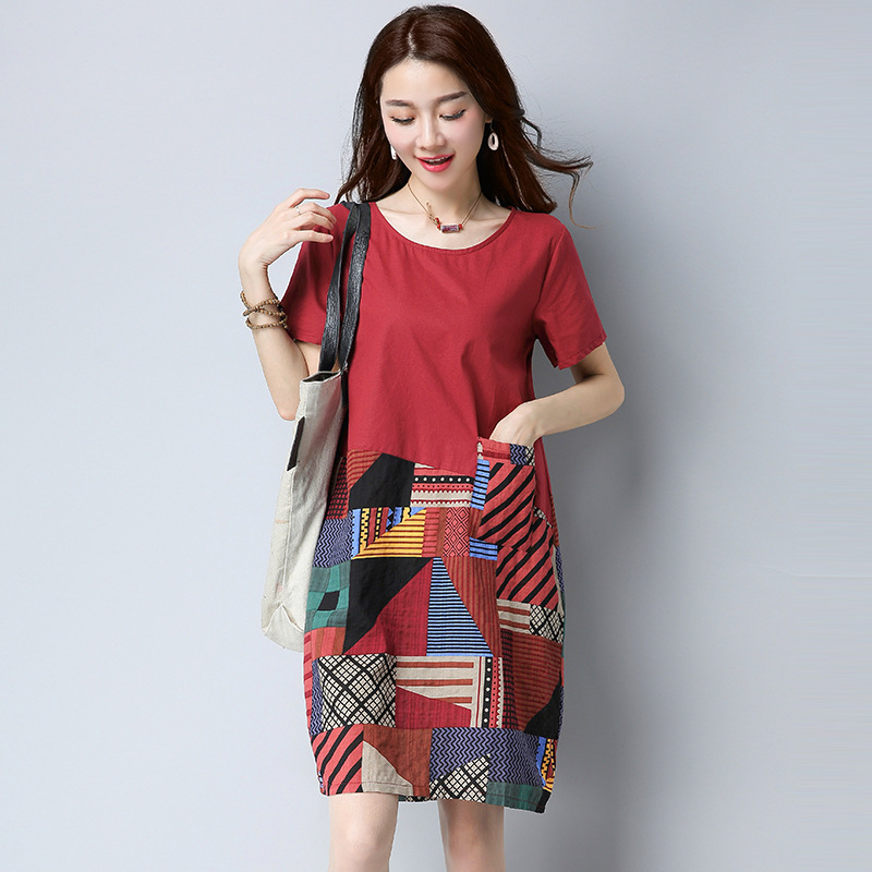 Loose Stitching Geometric Print Cotton And Linen Round Neck Short Sleeve Dress Women