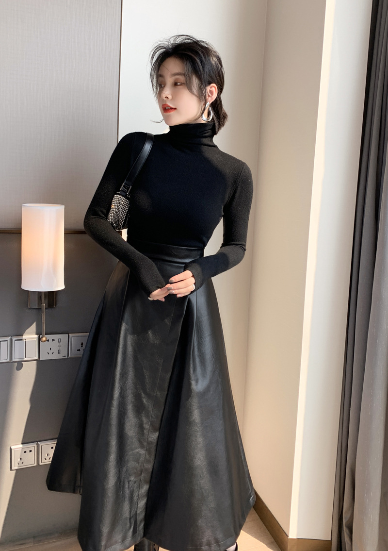  European Station Black Half-Length Skirt Mid-Length Autumn And Winter Split High Waist Thin Hip Leather Skirt Large Swing A-Line Skirt