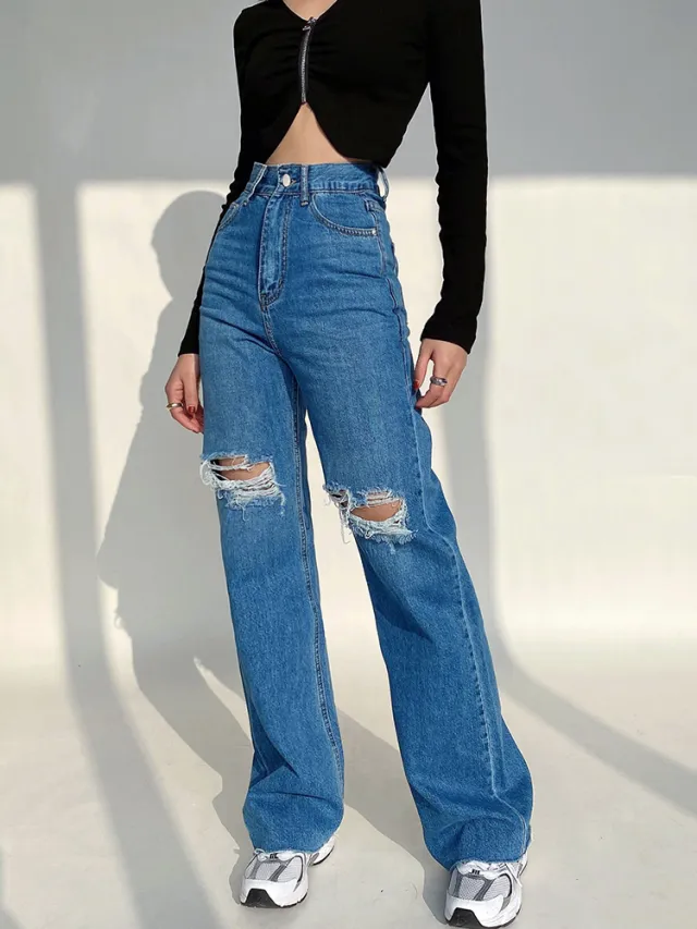 Liviahome Retro Ripped Wide leg Jeans Female High waisted Thin Loose Drape Mopping Trousers Blue - Shop at LoveMi
