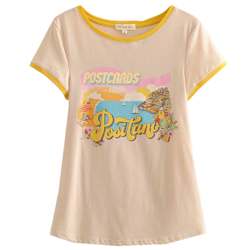 Holiday Style Slim T-Shirt Top With Yellow Sailing Letter Print