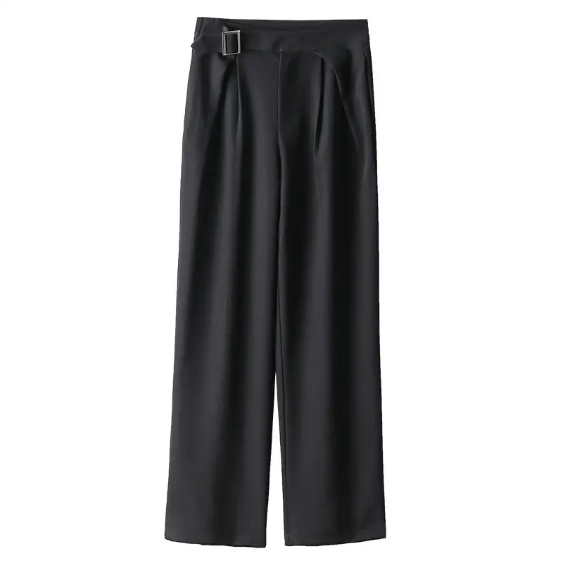 Pure Color Casual Adjustable Folding High Waist Suit Straight Leg Pants Female Korean Version Was Thin Solid Color Straight Leg Pants