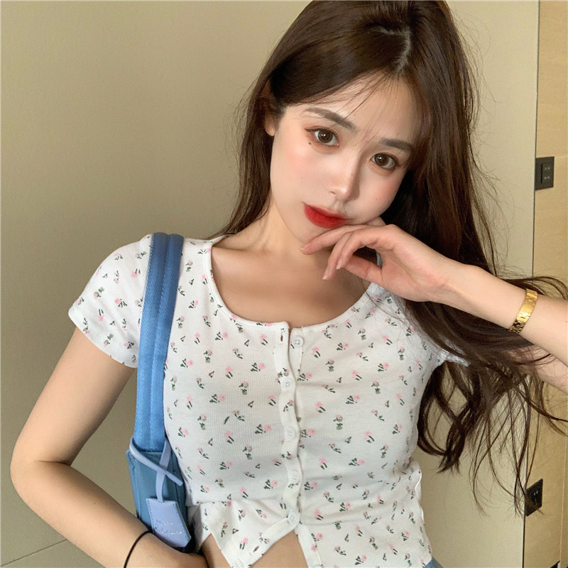 Short Sexy Tight-fitting Slimming All-match Floral Cardigan Short-sleeved Top