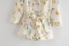 Summer New Style Foreign Temperament Flower Print High Waist Denim Jumpsuit One-Piece - Apricot - View 1