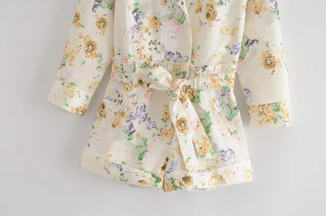 Summer New Style Foreign Temperament Flower Print High Waist Denim Jumpsuit One Piece Apricot - Shop at LoveMi