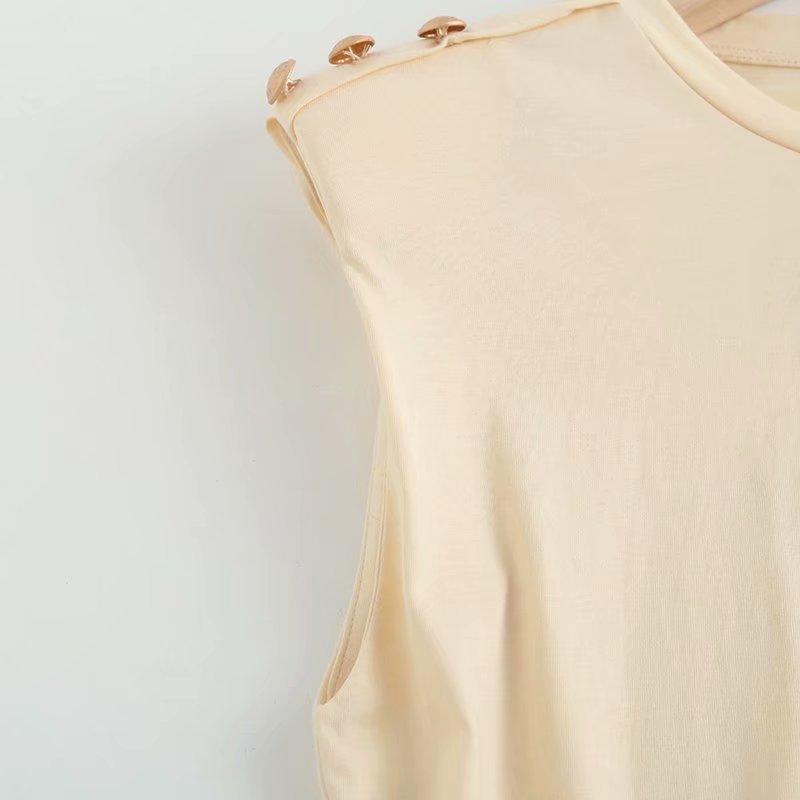 European And American Women'S Summer New Style Round Neck Shoulder Button Decoration Sleeveless T-Shirt Women