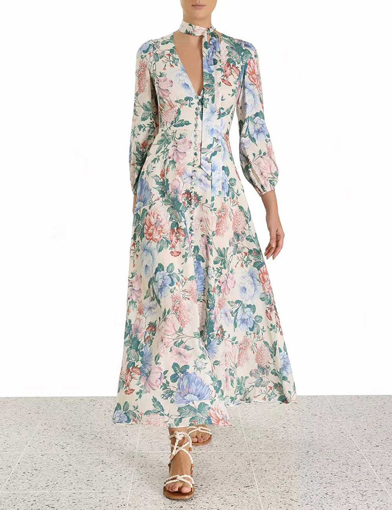 Fashion Ladies Printed Puff Sleeve V-Neck Dress