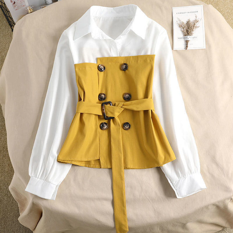 Women's Blouse Korean Loose Spring Two-piece Blouse Stitching POLO Collar Western Style Bandage