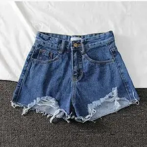 Summer Shorts Denim Wide-leg Ripped Pants Irregular Frayed Trousers - Blue