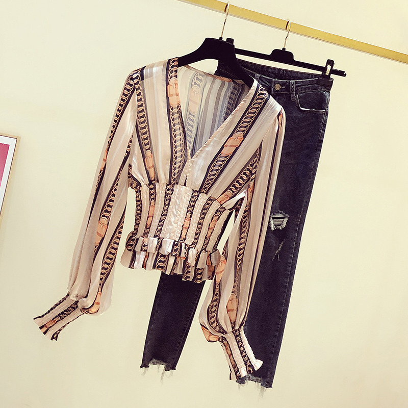 Printed V-neck Long-sleeved Chiffon Shirt Women's Waist Slimming Blouse