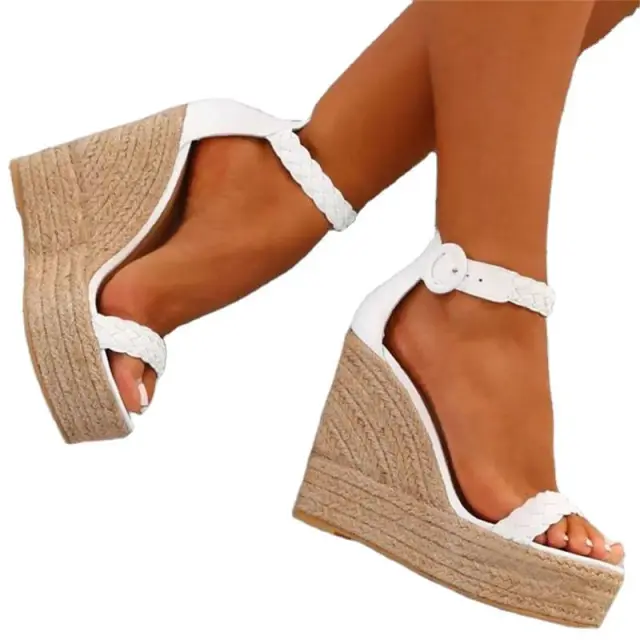 Spring Summer Foreign Trade Large Size Wedge Hemp Rope Ladies Flat Sandals White - Shop at LoveMi