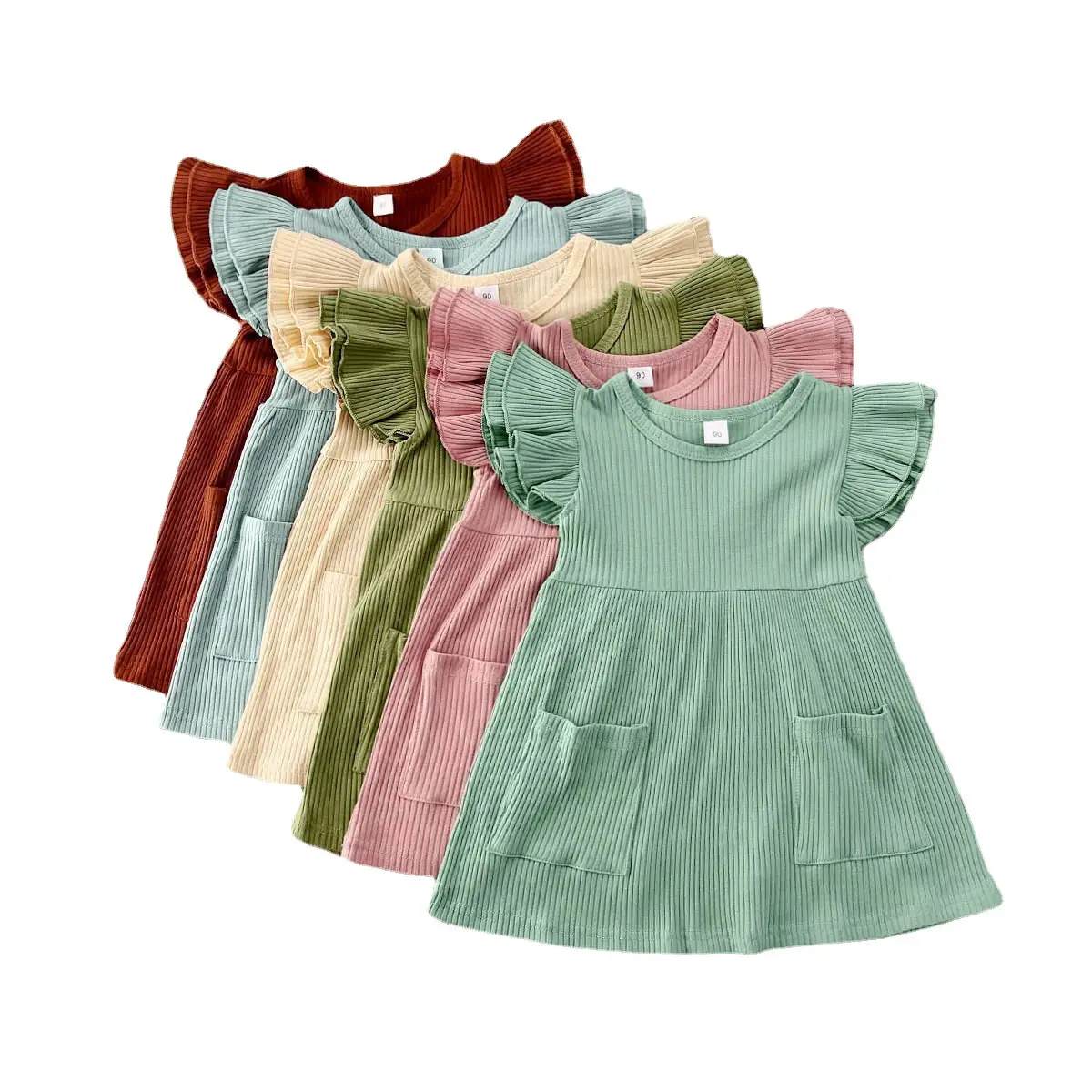 Children'S Clothing Summer Korean Girl Dress Solid Color Flying Sleeve Pit Stripe Cotton Dress