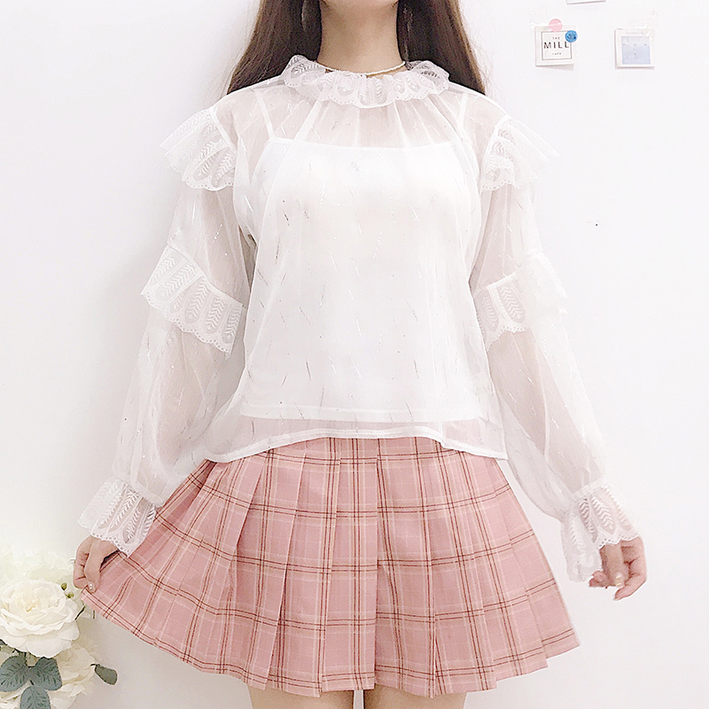In Lolita, Summer Long-Sleeved Japanese Soft Girl Ruffled Transparent Lace Lolita Lined Chiffon Shirt