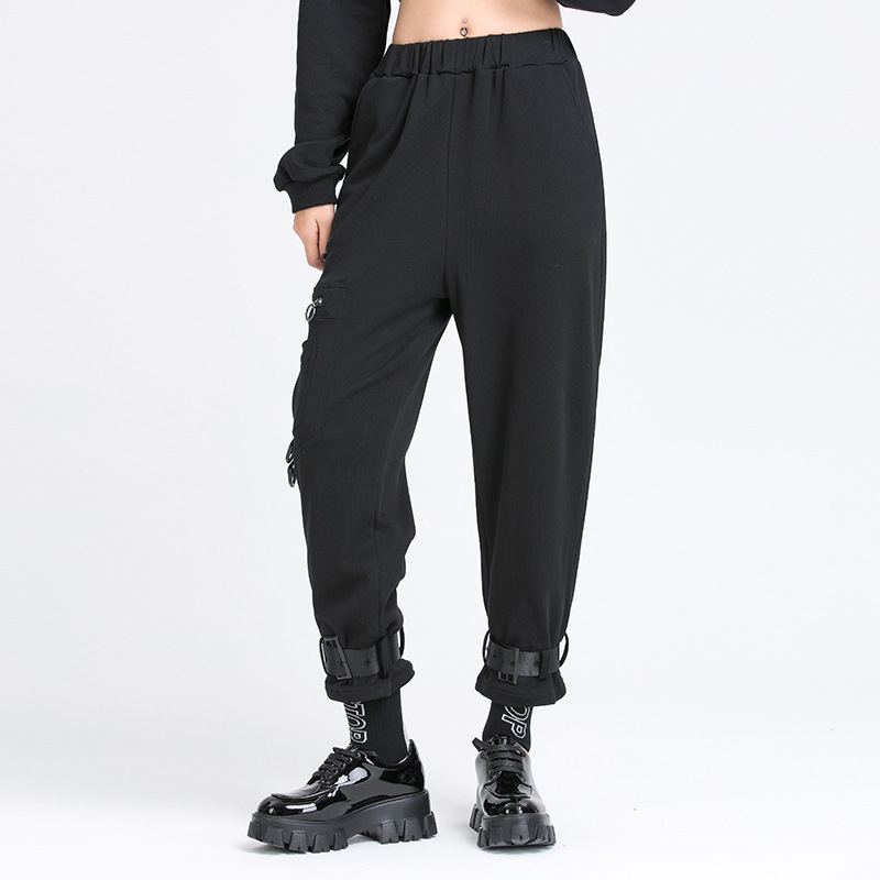 New Personality Casual Pants Street Trend Dark Black Cropped Trousers Female Harlan Overalls