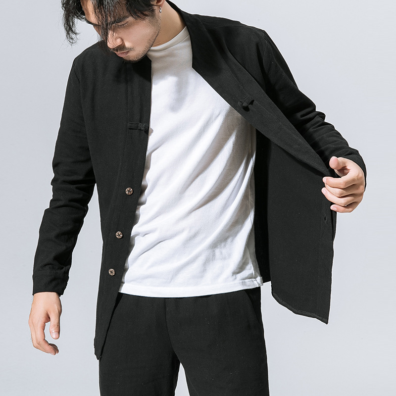 Solid Color Stand Collar Shirt With Disc Button