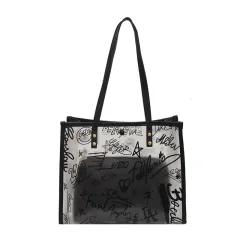Net Red Bag Female Spring And Summer New Korean Fashion Graffiti Large-Capacity Picture Tote Bag Transparent Shoulder Bag - Black - View 1