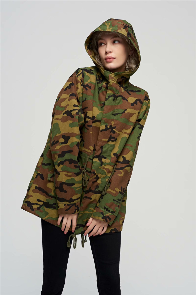 Loose Hooded Camouflage Pocket Loose Long Sleeve Mid-length Jacket