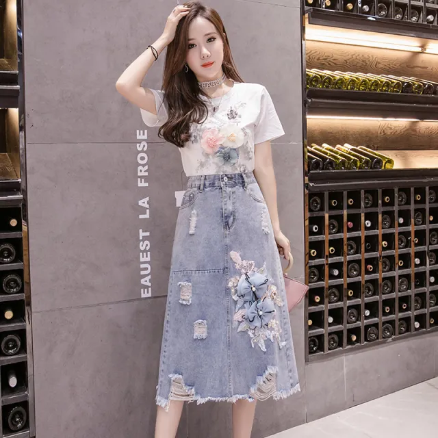 Real Shot Ins Denim Skirt Nail Bead Three Dimensional Flower Decoration Beauty Korean Leisure Elegant Skirt Women''s Fashion M Photo Color - Shop at LoveMi