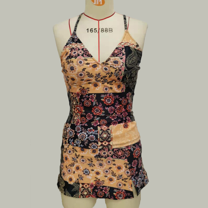 Small Floral Color Matching Halter Vest Suit European And American Slim Body Swimsuit