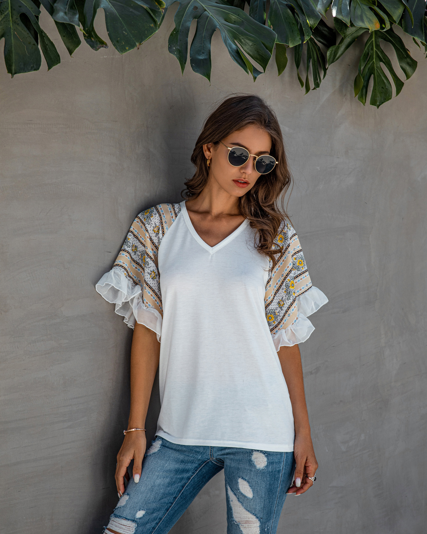 Stitched Chiffon Ruffled V-neck Blouse