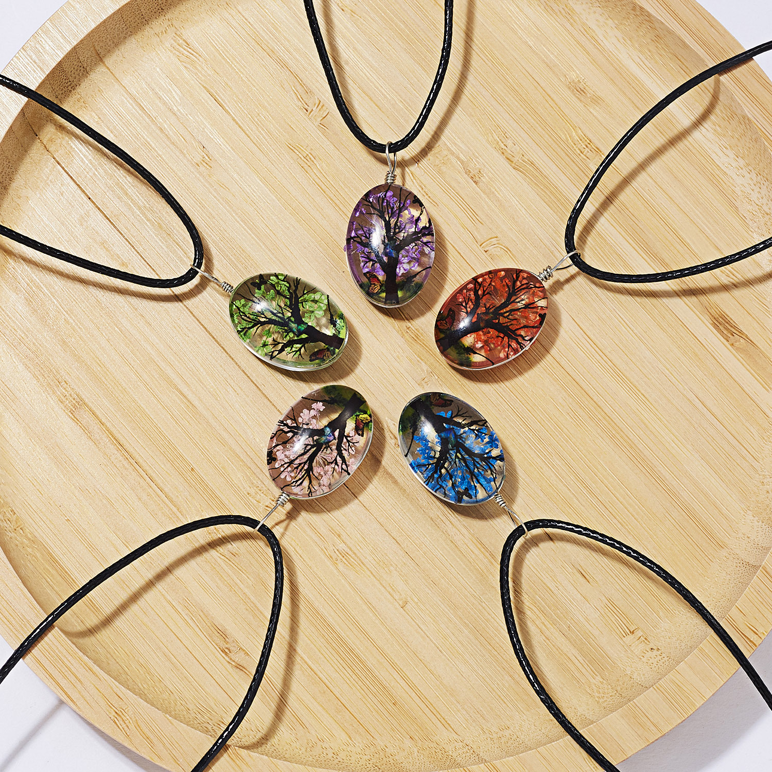 Colorful Trees Dried Flowers Butterfly Landscape Pendant Necklace Handmade Glass Jewelry