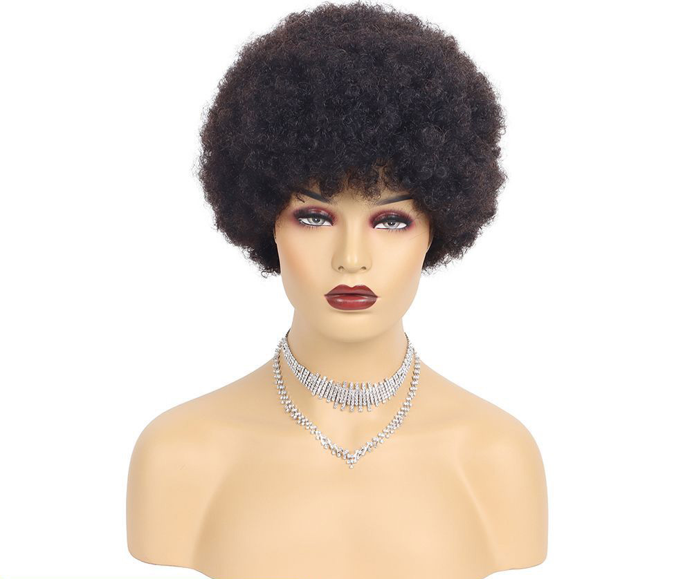 Short Afro Kinky Curly Human Hair Wig – 6-Inch Natural Black Full Afro Puff Wig