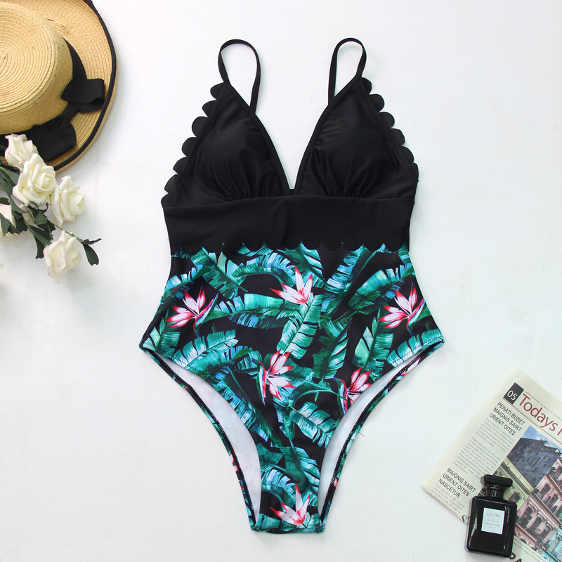 New Style Tropical Plant Print One-Piece Swimsuit Conservative Leaky Back Lace Swimsuit