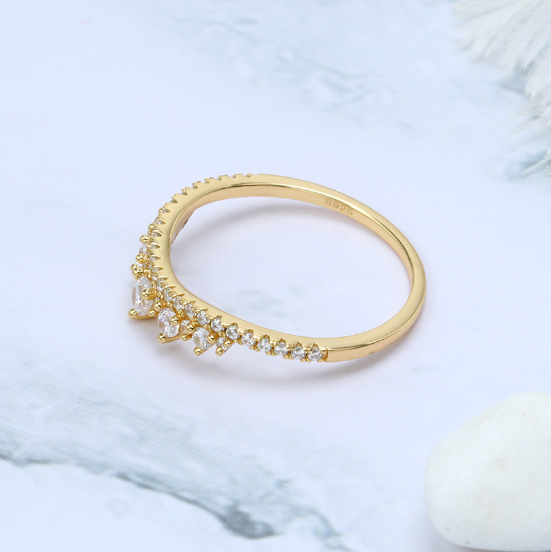 French Lace V-shaped Crown 925 Silver Full Diamond Ring Women Simple Gold-plated Jewelry