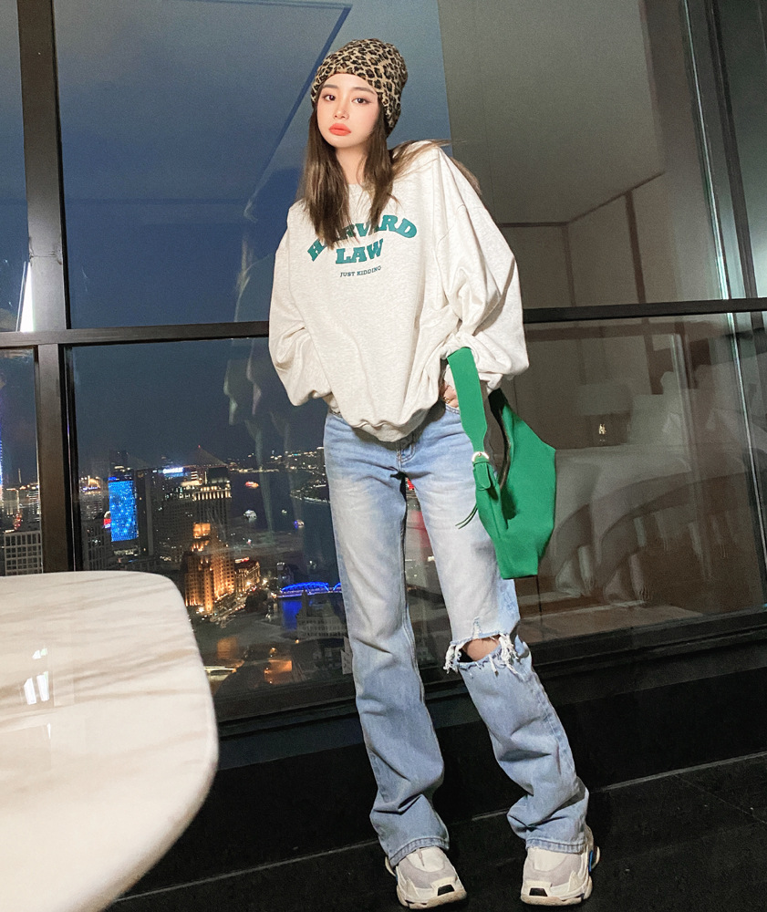 High Waist Slimming Senim Ripped Pants Korean Style Loose Straight Leg Wide-leg Jeans Women