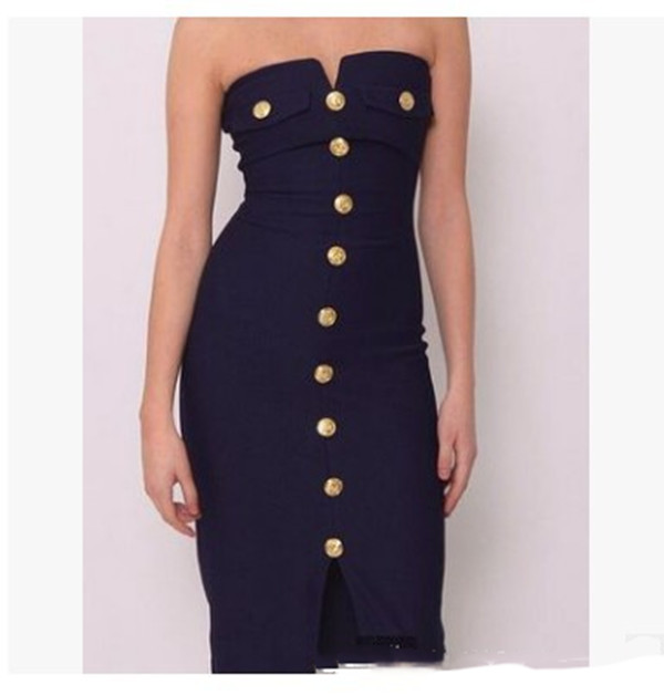 Solid Color V-neck Tube Top Dress With Metal Buttons