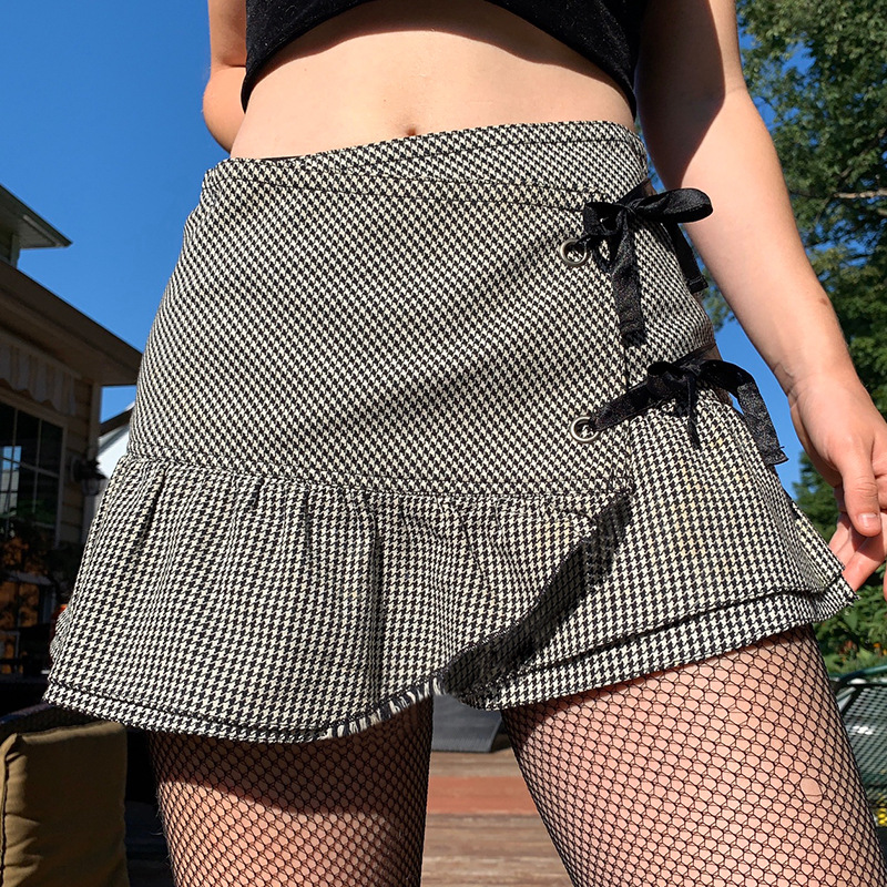 Women'S Short Skirt Sexy Houndstooth Lace Lace Stitching All Match Skirt White - Shop at LoveMi